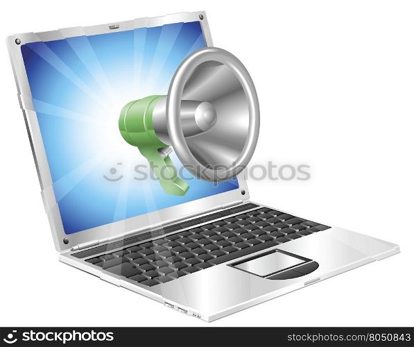Megaphone icon coming out of laptop screen concept
