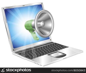 Megaphone icon coming out of laptop screen concept