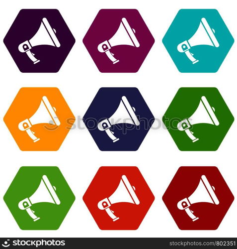 Megaphone icon set many color hexahedron isolated on white vector illustration. Megaphone icon set color hexahedron