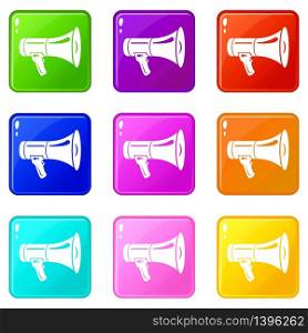 Megaphone icons set 9 color collection isolated on white for any design. Megaphone icons set 9 color collection