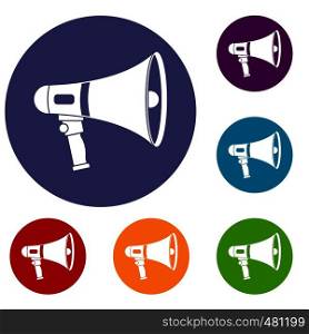 Megaphone icons set in flat circle red, blue and green color for web. Megaphone icons set