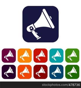 Megaphone icons set vector illustration in flat style in colors red, blue, green, and other. Megaphone icons set