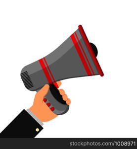 megaphone in hand on white background, flat illustration. megaphone in hand on white background, flat