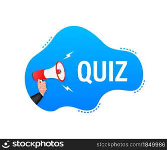 Megaphone label with quiz. Megaphone banner. Megaphone label with quiz time. Megaphone banner.