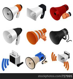 Megaphone loud speaker icons set. Isometric illustration of 9 megaphone loud speaker vector icons for web. Megaphone loud speaker icons set, isometric style