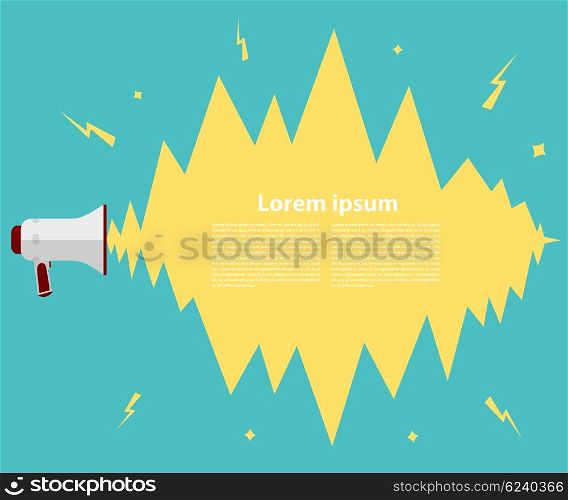 Megaphone on a green background. Megaphone in a flat style on a green background with &#xA;the explosion. Vintage background with speaker illustration for the message, advertising. &#xA;Stock vector
