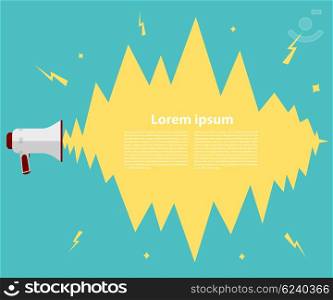 Megaphone on a green background. Megaphone in a flat style on a green background with &#xA;the explosion. Vintage background with speaker illustration for the message, advertising. &#xA;Stock vector