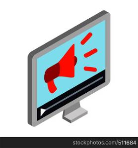 Megaphone on pc screen icon in isometric 3d style isolated on white background. Internet advertising concept. Megaphone on pc screen icon, isometric 3d style