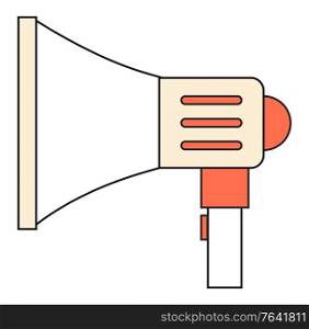 Megaphone sound icon with outline on white. Business consulting or announcing speech symbol or logotype in flat design style. Single public equipment for audio information, voice message vector. Bullhorn Audio Equipment, Voice Logotype Vector