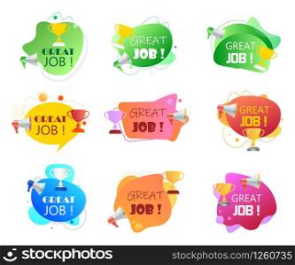 Megaphone with Great job speech bubble. Loudspeaker and prize for successful employees. Set of fluid colorful banner vector illustration for business, marketing and advertising.. Megaphone with Great job speech bubble. Loudspeaker and prize for successful employees. Set of fluid colorful banner vector illustration for business, marketing