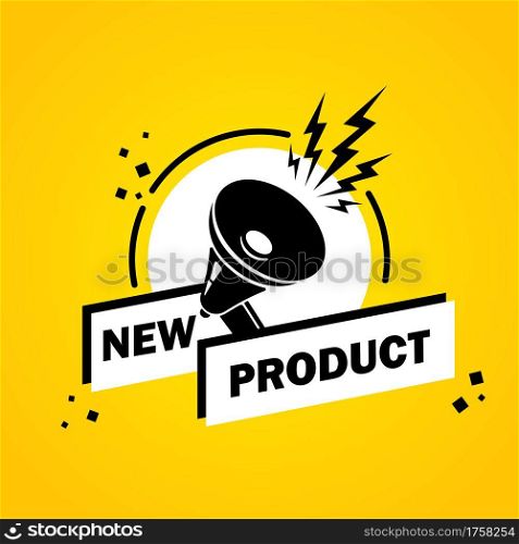 Megaphone with New product speech bubble banner. Loudspeaker. Label for business, marketing and advertising. Vector on isolated background. EPS 10.. Megaphone with New product speech bubble banner. Loudspeaker. Label for business, marketing and advertising. Vector on isolated background. EPS 10
