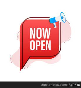 Megaphone with now open. Megaphone banner. Web design. Vector stock illustration. Megaphone with now open. Megaphone banner. Web design. Vector stock illustration.