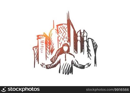 Megapolis, city, businessman, muslim concept. Hand drawn arab man and skyscrapers on background concept sketch. Isolated vector illustration.. Megapolis, city, businessman, muslim concept. Hand drawn isolated vector.