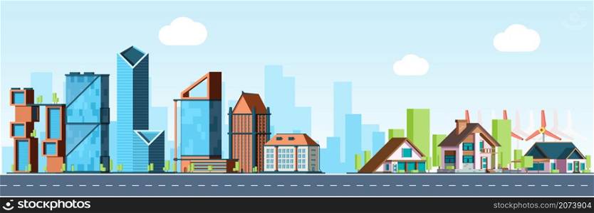 Megapolis vs village. Urban landscape, downtown and suburb real estate vector background. Village and town street, residential house and city urban illustration. Megapolis vs village. Urban landscape, downtown and suburb real estate vector background