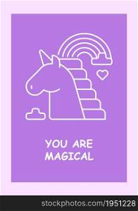 Megical postcard with linear glyph icon. Pony with rainbow. Greeting card with decorative vector design. Simple style poster with creative lineart illustration. Flyer with holiday wish. Megical postcard with linear glyph icon