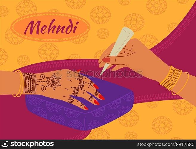 Mehndi ceremony. Floral ornaments henna tattoo design, female hand with traditional patterns vector Illustration. Person drawing bridal ornaments, creative motives on fingers and wrist. Mehndi ceremony. Floral ornaments henna tattoo design, female hand with traditional patterns vector Illustration