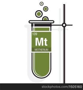 Meitnerium symbol on label in a green test tube with holder. Element number 109 of the Periodic Table of the Elements - Chemistry
