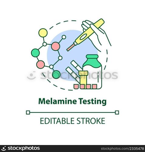 Melamine testing concept icon. Nutritional analysis abstract idea thin line illustration. Detect melamine poison in milk. Isolated outline drawing. Editable stroke. Arial, Myriad Pro-Bold fonts used. Melamine testing concept icon