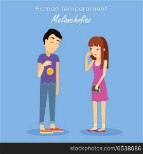 Melancholic type of human temperament concept. Sad young woman and man characters depressing and crying flat vector. People personality reactions and problems. For psychological tests illustrating. Human Temperament Concept Vector in Flat Design. Human Temperament Concept Vector in Flat Design
