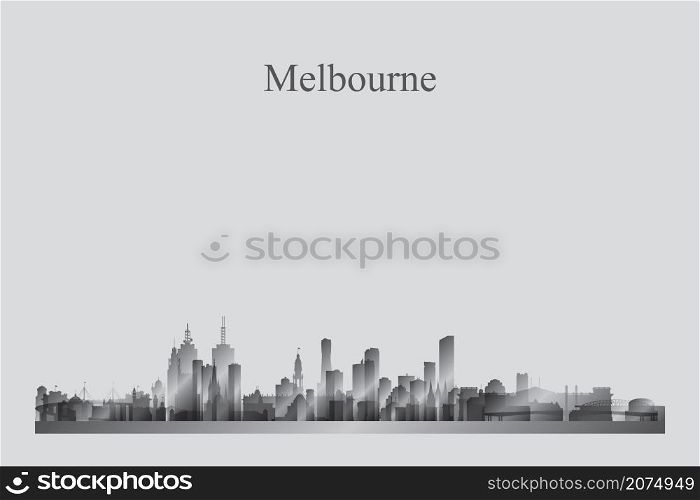 Melbourne city skyline silhouette in a grayscale vector illustration