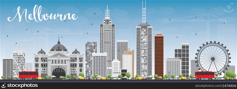 Melbourne Skyline with Gray Buildings and Blue Sky. Vector Illustration. Business Travel and Tourism Concept with Modern Buildings. Image for Presentation Banner Placard and Web Site.