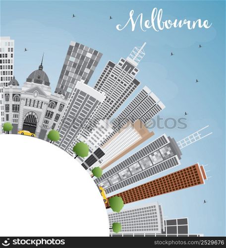 Melbourne Skyline with Gray Buildings and Blue Sky. Vector Illustration. Business Travel and Tourism Concept with Copy Space. Image for Presentation Banner Placard and Web Site.