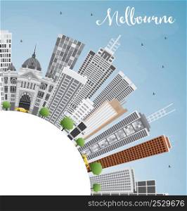 Melbourne Skyline with Gray Buildings and Blue Sky. Vector Illustration. Business Travel and Tourism Concept with Copy Space. Image for Presentation Banner Placard and Web Site.