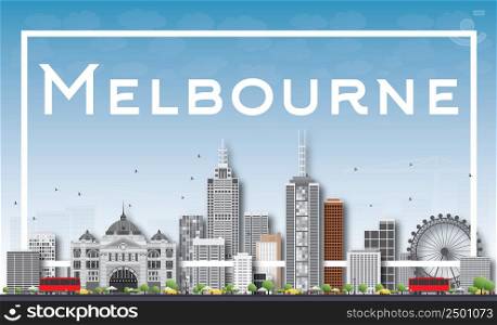 Melbourne Skyline with Gray Buildings and White Frame. Vector Illustration. Business Travel and Tourism Concept with Modern Buildings. Image for Presentation Banner Placard and Web Site.