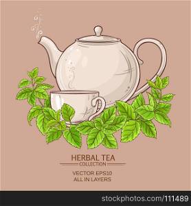 melissa tea illustration. cup of melissa tea and teapot on color background