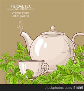 melissa tea vector background. cup of melissa tea and teapot on color background