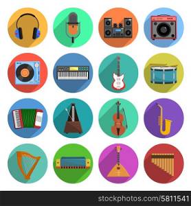 Melody And Music Icons Set . Melody and music round shadow icons set with musical instruments flat isolated vector illustration