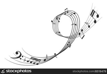 Melody tune note on line rows. Music swirl flow isolated on white background. Melody tune note on line rows. Music swirl flow