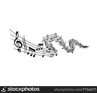 Melody wave with music notes, isolated vector swirl of musical notation staff, treble clef, notes and bar lines. Sound, song or tune sheet music, classic concert, jazz festival or disco party. Melody wave, music notes, swirl of musical staff
