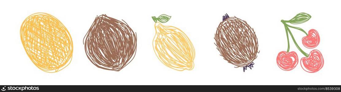Melon, coconut, lemon, kiwi and cherry. Fruit sketch set. Hand drawn vector illustration. Pen or marker doodle.. Melon, coconut, lemon, kiwi and cherry. Fruit sketch set. Hand drawn vector illustration. Pen or marker doodle