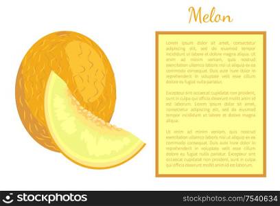 Melon exotic juicy stone fruit whole and cut vector poster frame for text. Tropical sweet edible, fleshy food, dieting vegetarian yellow dieting dessert. Melon Exotic Juicy Stone Fruit Vector Poster Frame