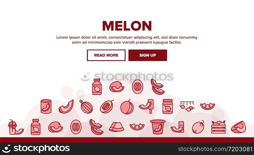 Melon Organic Fruit Landing Web Page Header Banner Template Vector. Sliced And Container With Melon, Fresh Juice Drink And Ice Cream, Yogurt And Jam Illustrations. Melon Organic Fruit Landing Header Vector