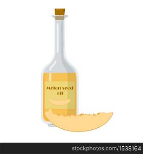 Melon seed oil in bottle with cork. Nourishing, anti-aging product for cosmetics. Piece of fruit near glass container vector illustration.