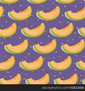 Melon slice seamless pattern on purple background with seed, Fresh cantaloupe melon pattern background, Fruit vector illustration.