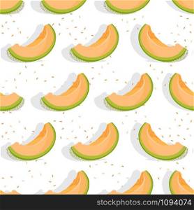 Melon sliced seamless pattern on white background with shadow, Fresh cantaloupe melon pattern background, Fruit vector illustration.