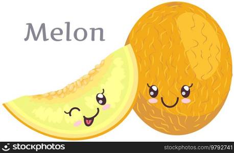 Melon sticker kawaii icon vector design. Adorable charming tropical fruit with positive emotion, japanese culture symbol anime. Sweet melon with smiling face. Facial expression in cute oriental style. Sweet melon with smiling anime face. Charming tropical fruit with positive emotion kawaii icon
