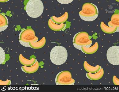 Melon whole and slice seamless pattern on black background with seed, Fresh cantaloupe melon pattern background, Fruit vector illustration.