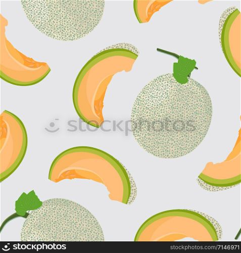 Melon whole and slice seamless pattern on gray background, Fresh cantaloupe melon pattern background, Fruit vector illustration.