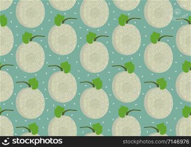 Melon whole seamless pattern on green background with seed, Fresh cantaloupe melon pattern background, Fruit vector illustration.