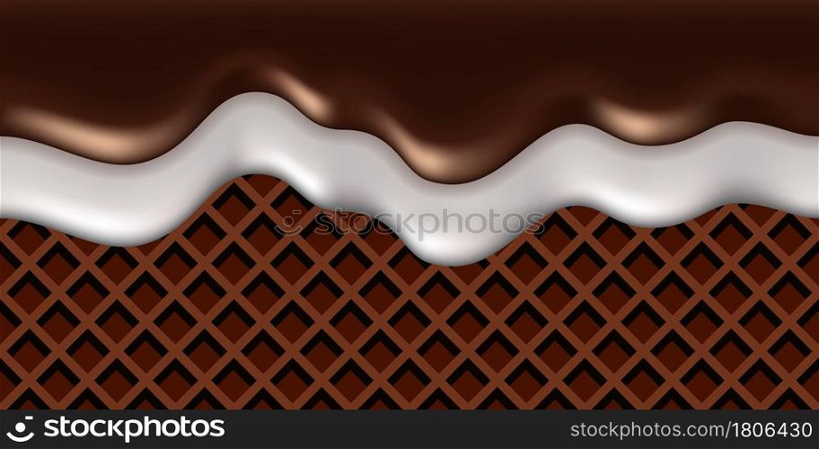 Melt chocolate and milk drip on waffle background. Liquid dark brown chocolate flow and white cream milk wave, sweet dessert with ricing, delicious candy .. Vector illustration