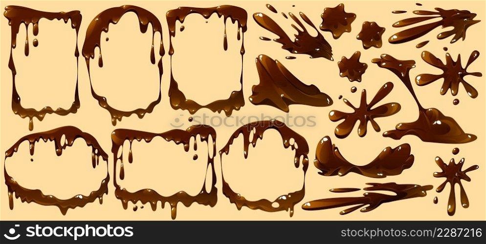 Melt chocolate drips, frames, splashes and sports isolated set. Melted dripping of dark or milk choco sauce, brown cream or syrup borders, liquid cocoa food elements, Cartoon vector illustration. Set of melt chocolate drips, frames, splashes