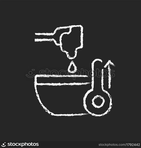 Melt cooking ingredient chalk white icon on dark background. High temperature for preparing frosting. Making cream. Cooking instruction. Isolated vector chalkboard illustration on black. Melt cooking ingredient chalk white icon on dark background