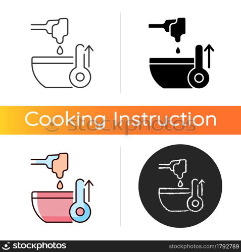 Melt cooking ingredient icon. High temperature for preparing frosting. Making cream. Cooking instruction. Food preparation process. Linear black and RGB color styles. Isolated vector illustrations. Melt cooking ingredient icon