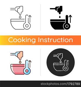 Melt cooking ingredient icon. High temperature for preparing frosting. Making cream. Cooking instruction. Food preparation process. Linear black and RGB color styles. Isolated vector illustrations. Melt cooking ingredient icon