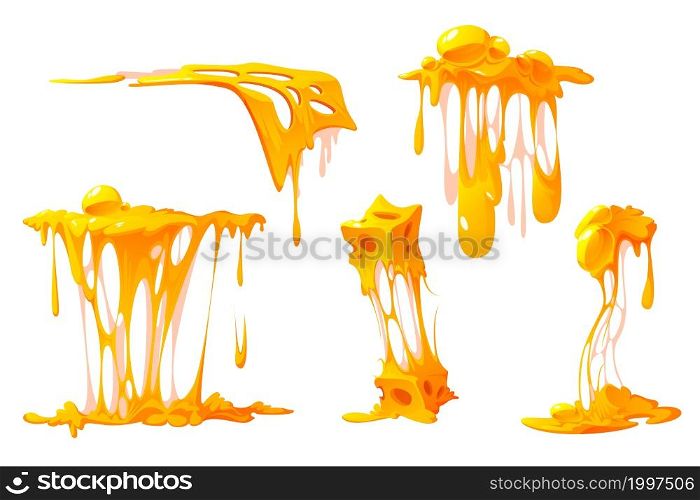 Melted cheese cartoon set, mellow pieces with dripping and stretches, design elements for pizza, sandwiches or pasta, cheesy texture flow, melt food isolated on white background, Vector illustration. Melted cheese cartoon set, mellow pieces, dripping