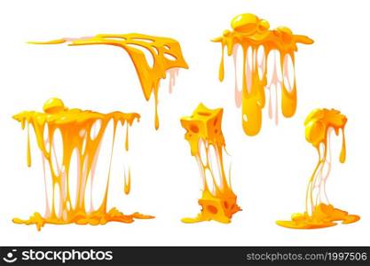Melted cheese cartoon set, mellow pieces with dripping and stretches, design elements for pizza, sandwiches or pasta, cheesy texture flow, melt food isolated on white background, Vector illustration. Melted cheese cartoon set, mellow pieces, dripping